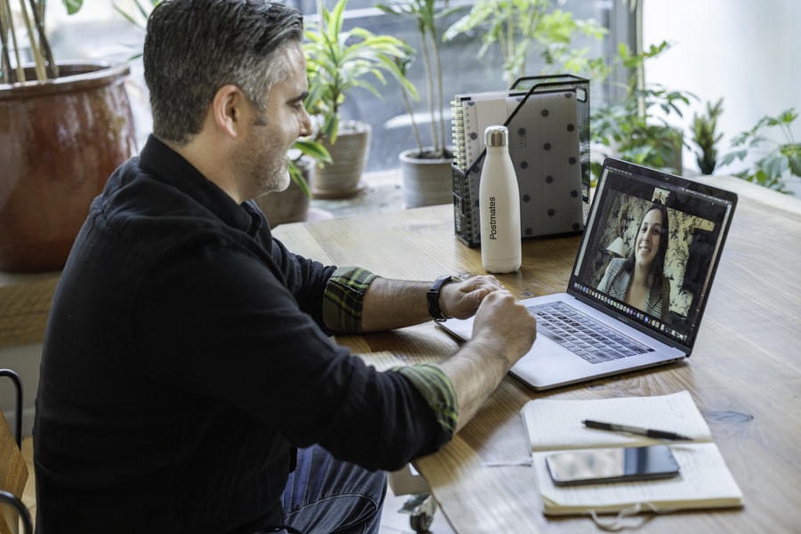Working professional attending a live online class over a video call at home